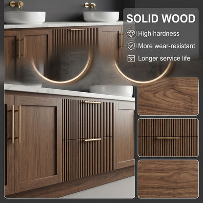 60''-96'' Modern Bathroom Vanity with Sink Double Sink Slatted Wood Marble Grain Round Mirrors