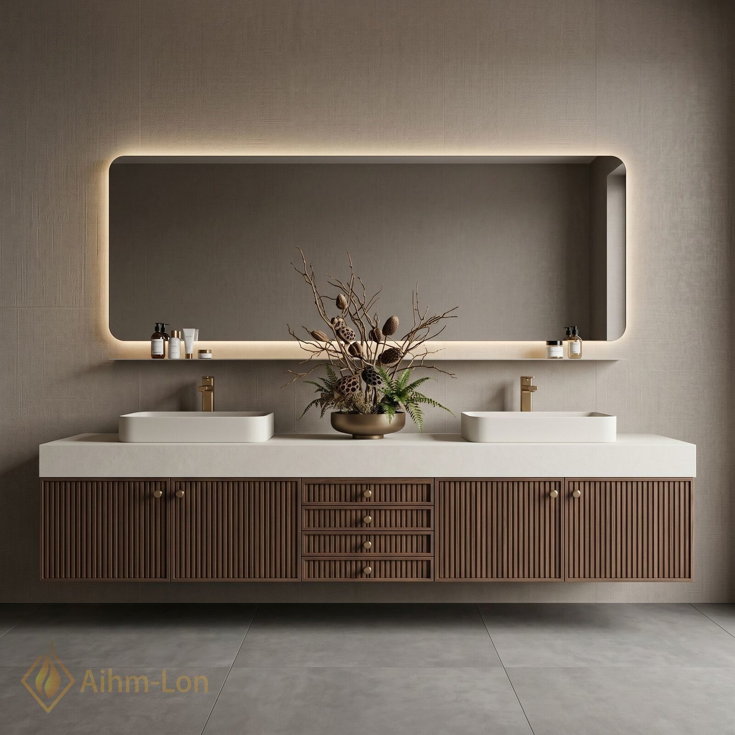 70''-96'' Double Bathroom Vanity with Sink Floating Slatted Warm Wood Tones Vertical