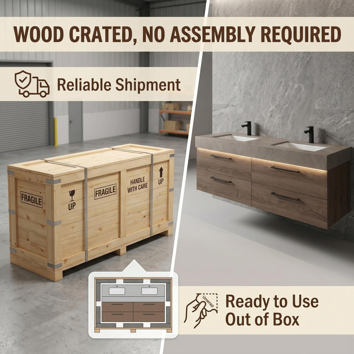 60''-96'' Double Bathroom Vanity with Sink Modern Floating Warm Oak Finish Cabinet