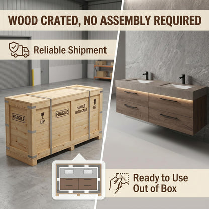 60''-96'' Double Bathroom Vanity with Sink Modern Floating Warm Oak Finish Cabinet