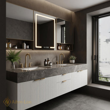 60''-96'' Double Bathroom Vanity with Sink Fluted Basin Marble-Top Open Shelving