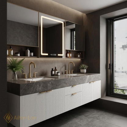 60''-96'' Double Bathroom Vanity with Sink Fluted Basin Marble-Top Open Shelving