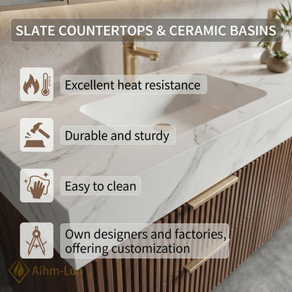 60''-96'' Double Bathroom Vanity with Sink Floating Slatted Wood Front Marble-Style Top