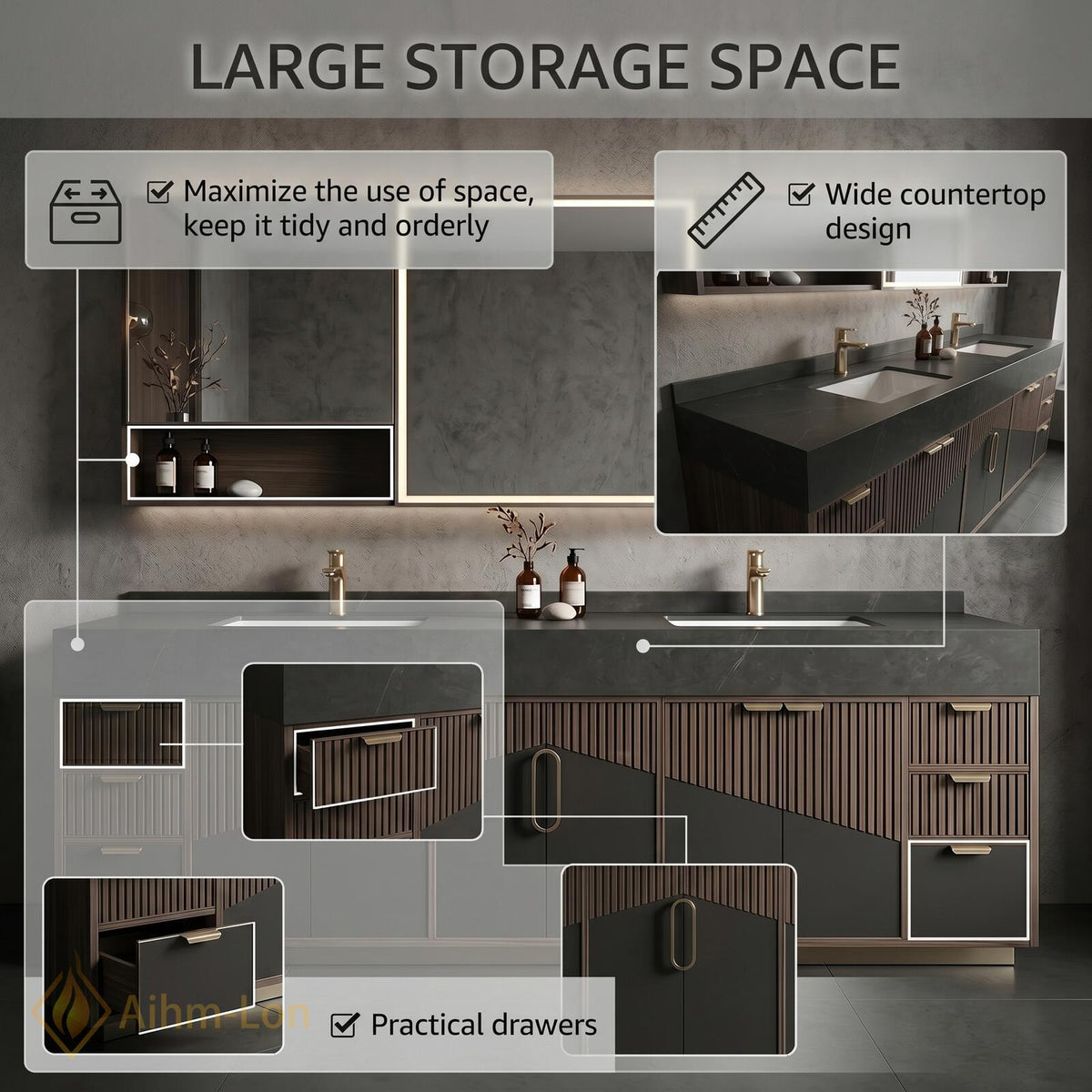 60''-96'' Double Bathroom Vanity with Sink Modern Ribbed Vertical Panels Dark Charcoal