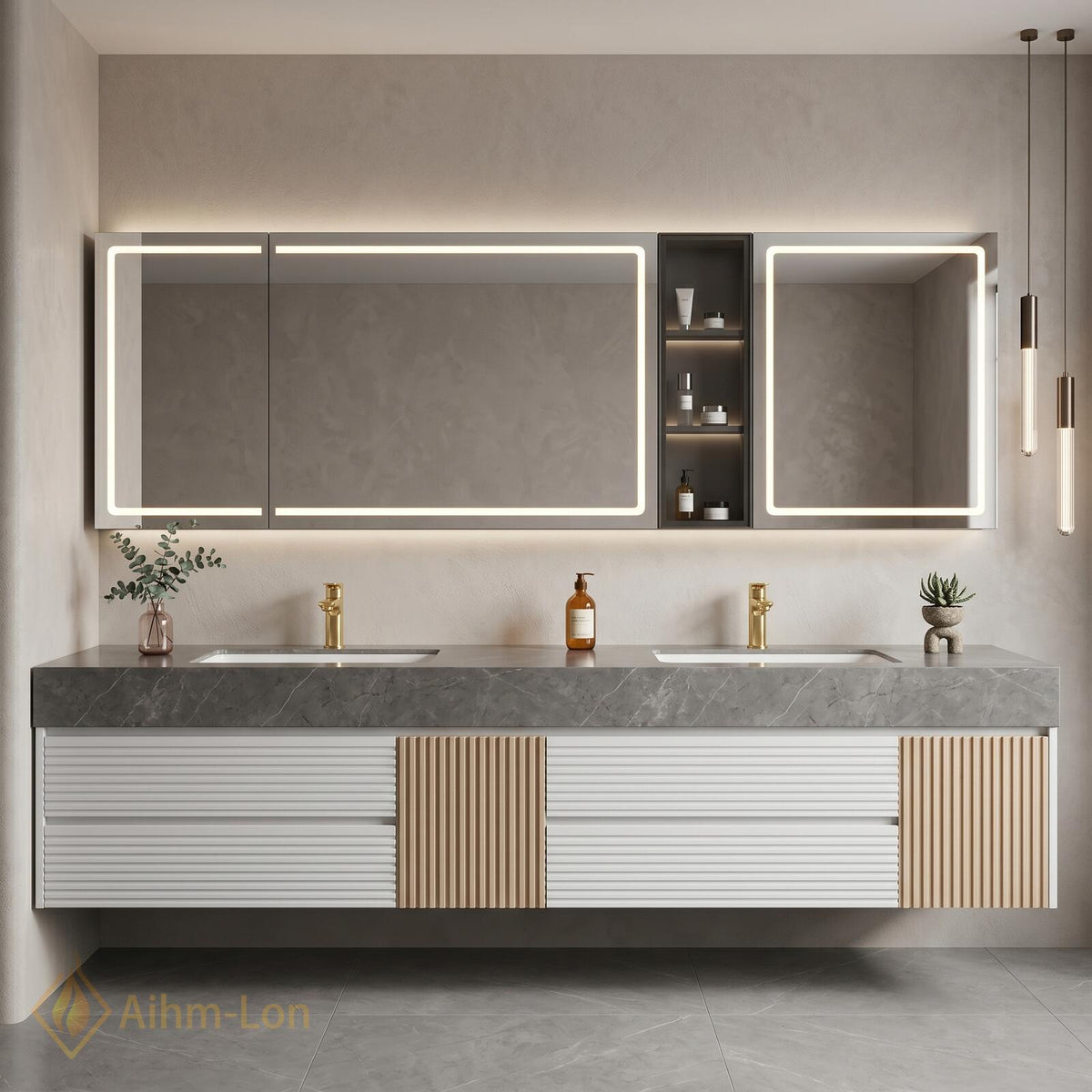 60''-96'' Double Bathroom Vanity with Sink Modern Floating Grey Stone look Top