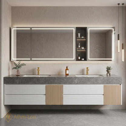 60''-96'' Double Bathroom Vanity with Sink Modern Floating Grey Stone look Top