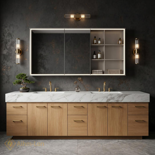 60''-96'' Double Bathroom Vanity with Sink Modern White Marble Warm Oak Wood Finish