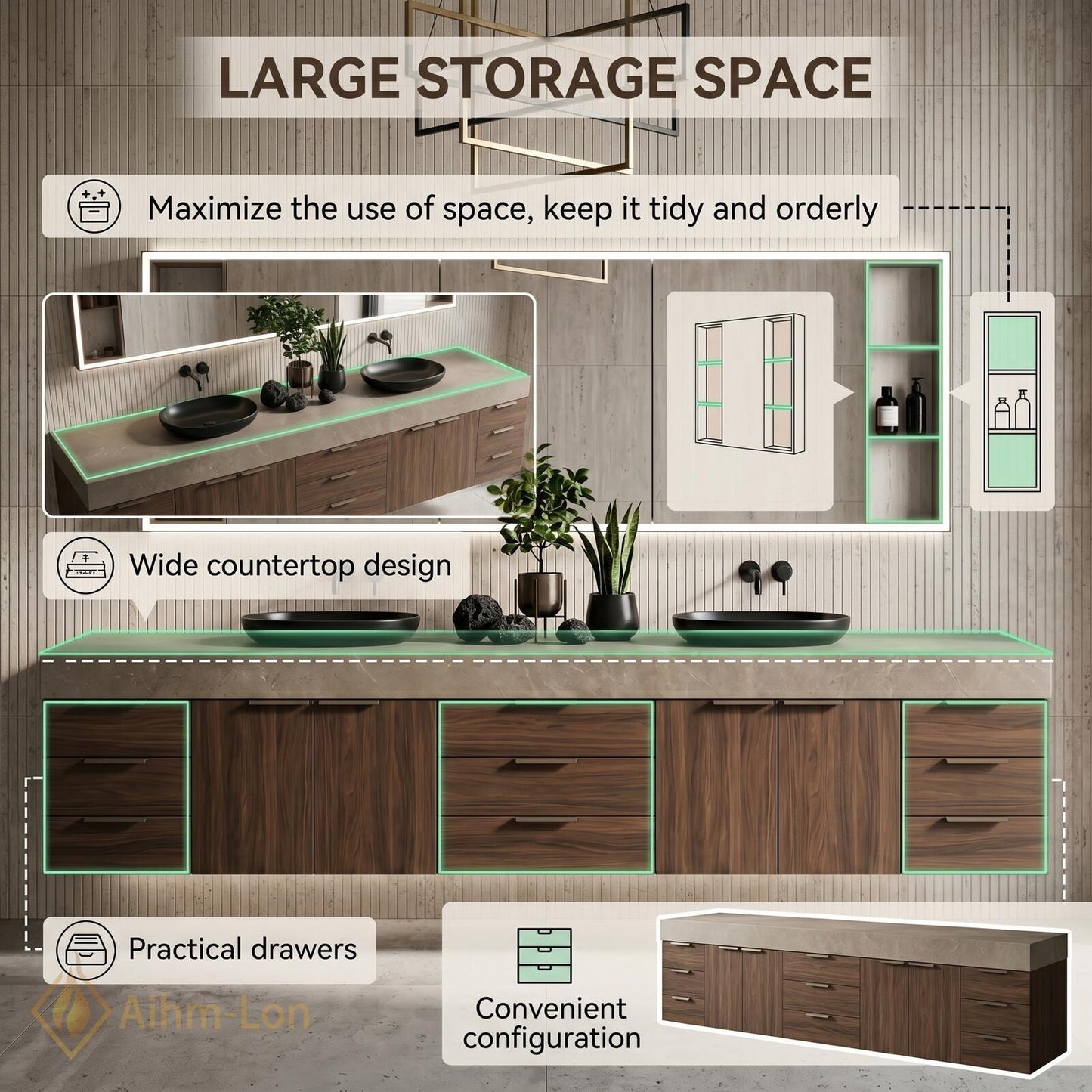 72''-96'' Double Bathroom Vanity with Sink Wood Stone-Top Grain Open Drawers