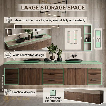 72''-96'' Double Bathroom Vanity with Sink Wood Stone-Top Grain Open Drawers