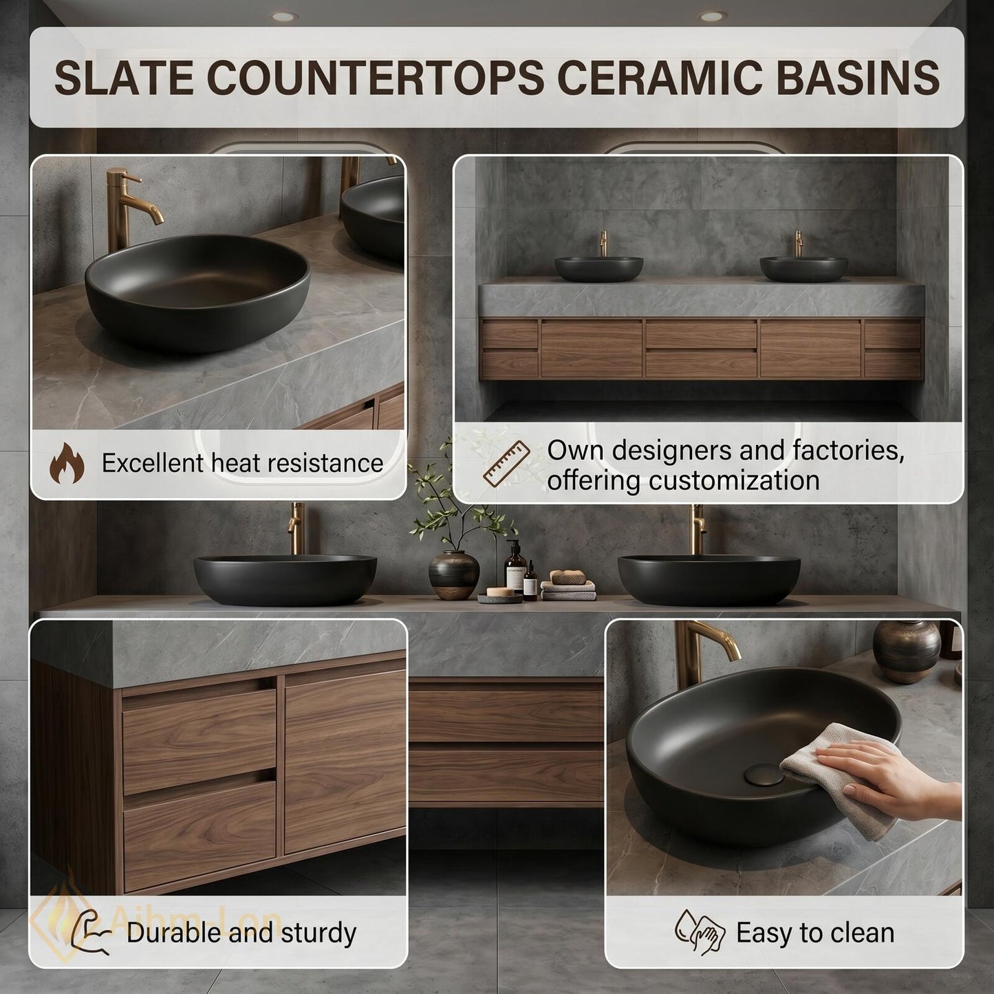 60''-96'' Double Bathroom Vanity with Sink Dark-Wood Modern Floating Grain Drawers