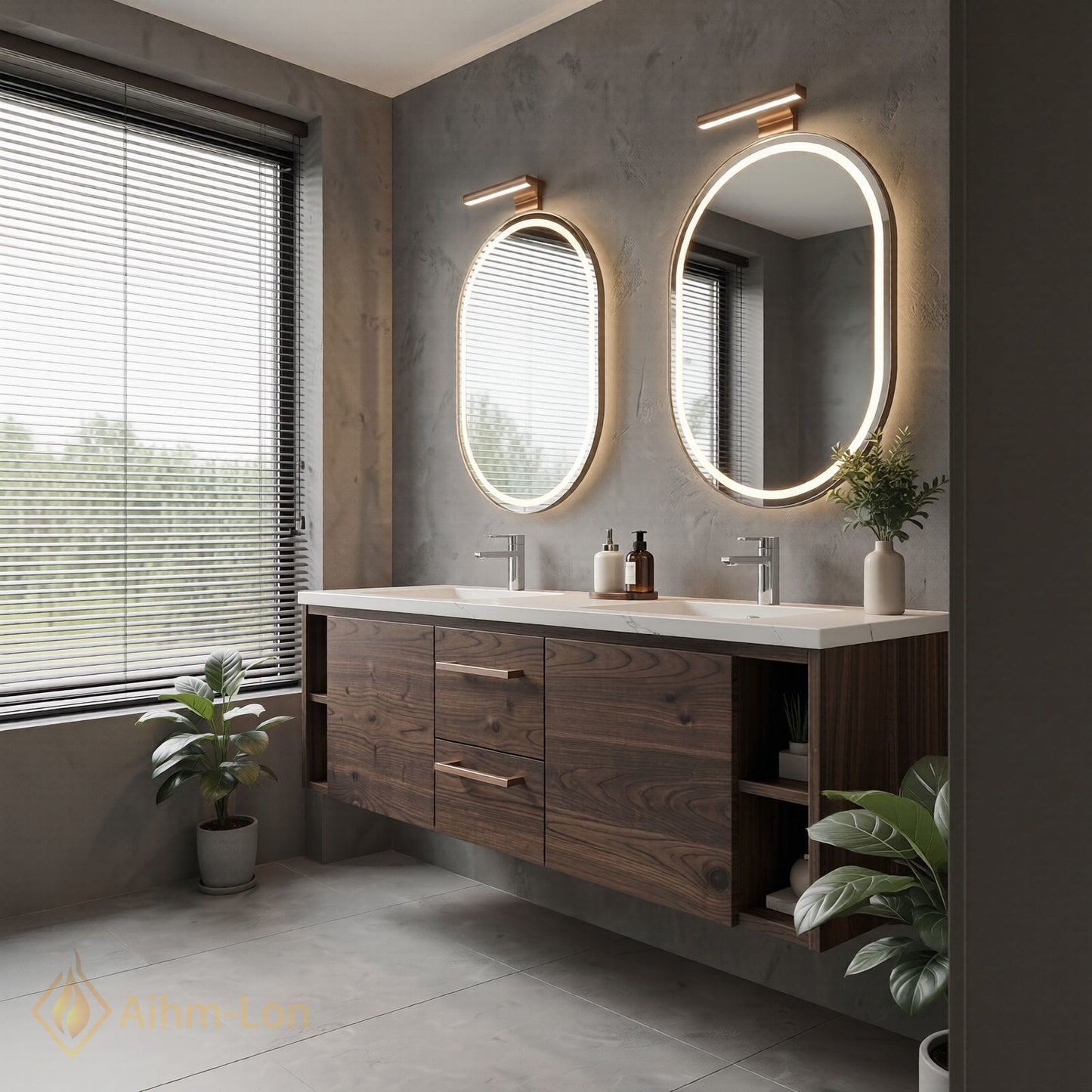 60''-96'' Modern Bathroom Vanity with Sink Floating Warm Woodgrain LED Oval Mirrors