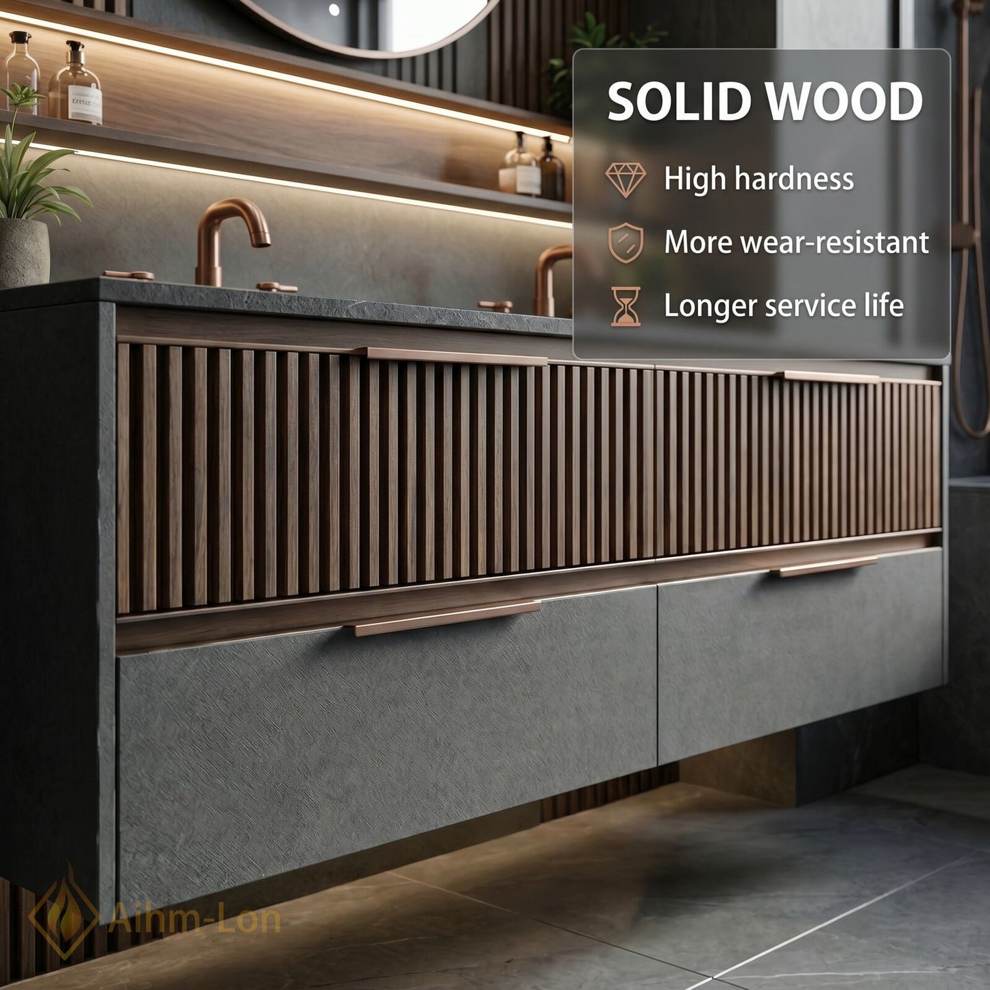 60''-96'' Slatted Bathroom Vanity with Sink Double Sink Wood Panel Dark Stone