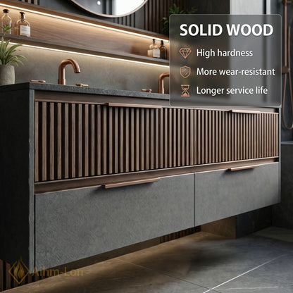 60''-96'' Slatted Bathroom Vanity with Sink Double Sink Wood Panel Dark Stone