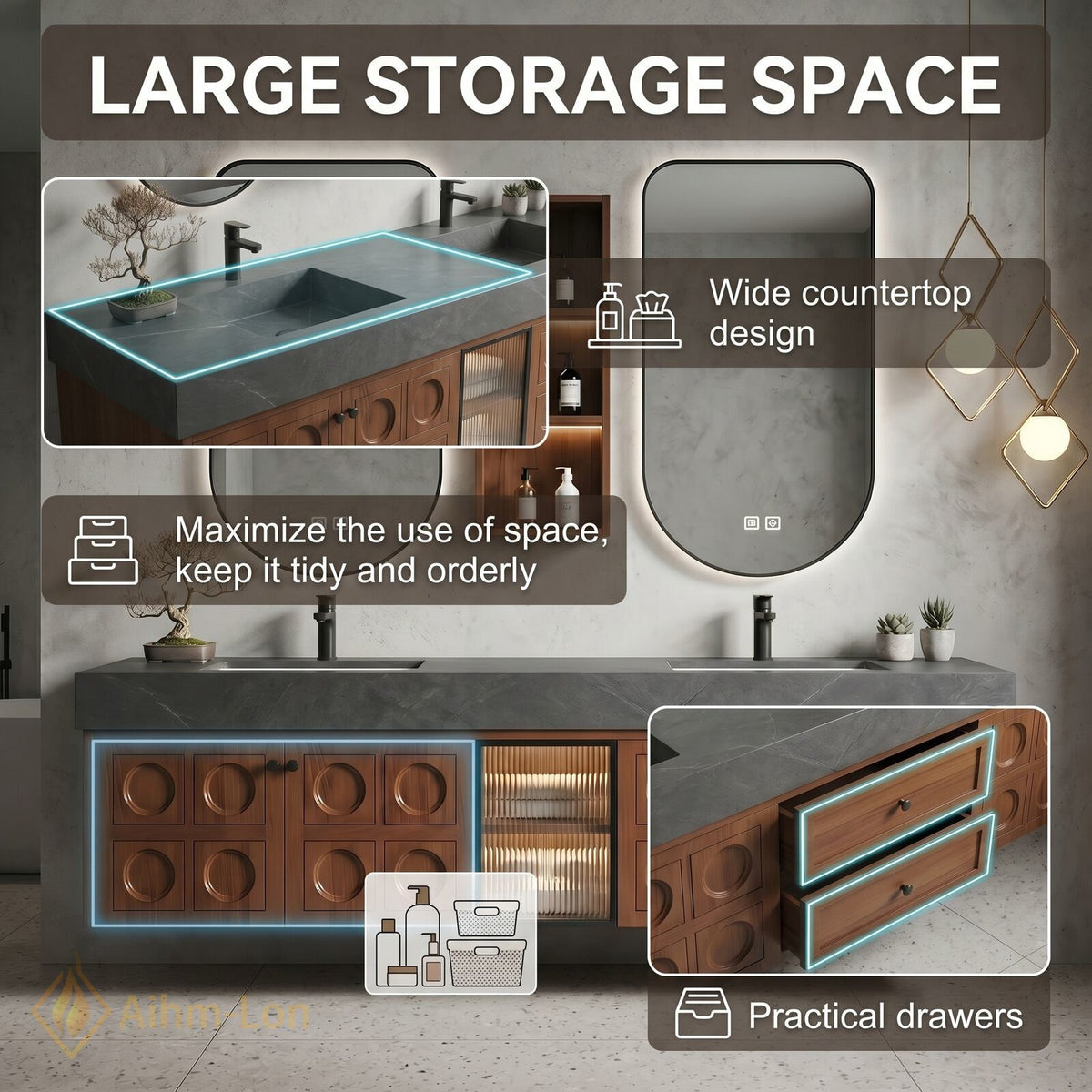 60''-96'' Bathroom Vanity with Sink Grooved Wood Panels Dark Stone Countertop Double