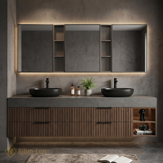 60''-96'' Double Bathroom Vanity with Sink Modern Floating Dark Wood Slats Concrete Top