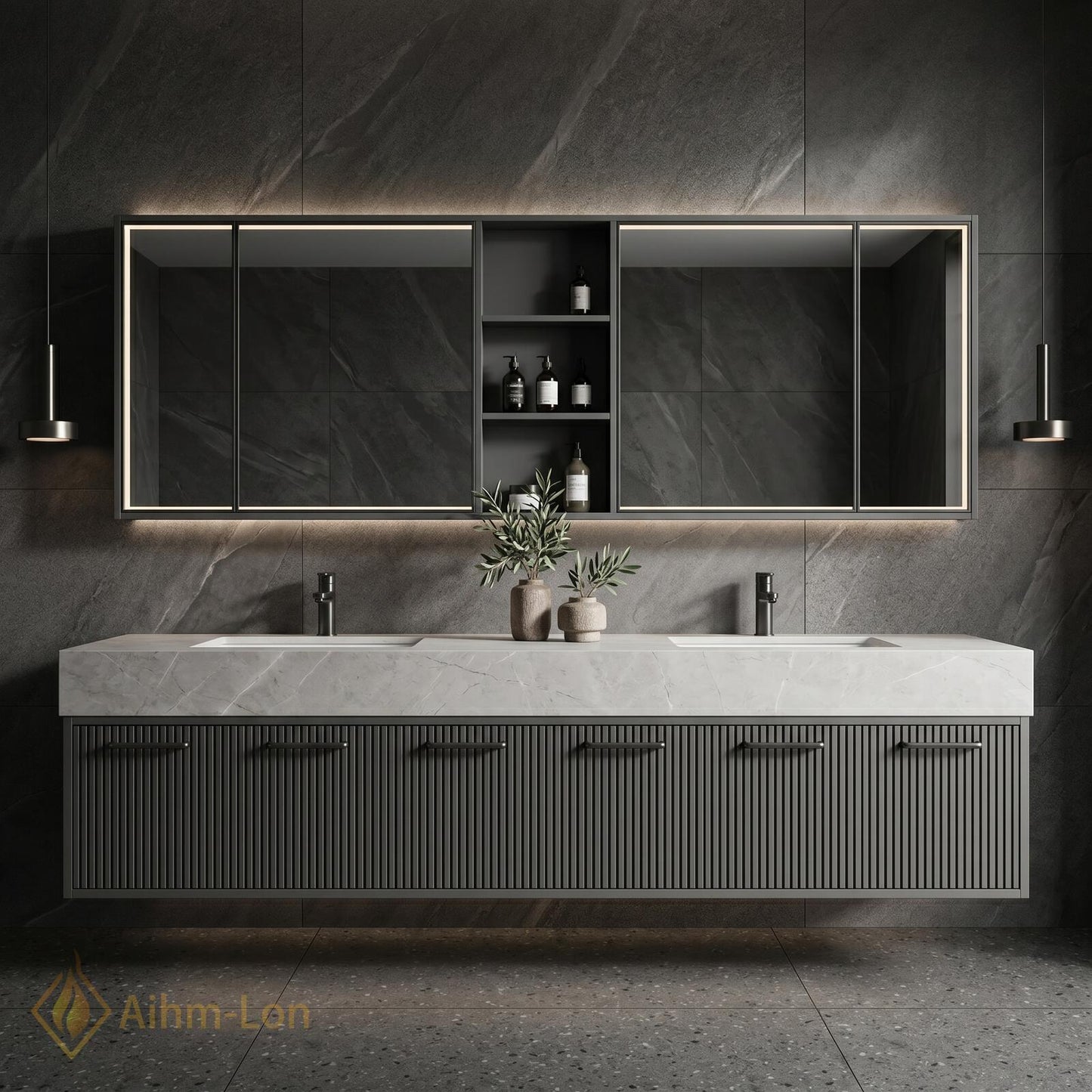 70''-96'' Double Bathroom Vanity with Sink Modern Ribbed Front Charcoal Finish Shelving