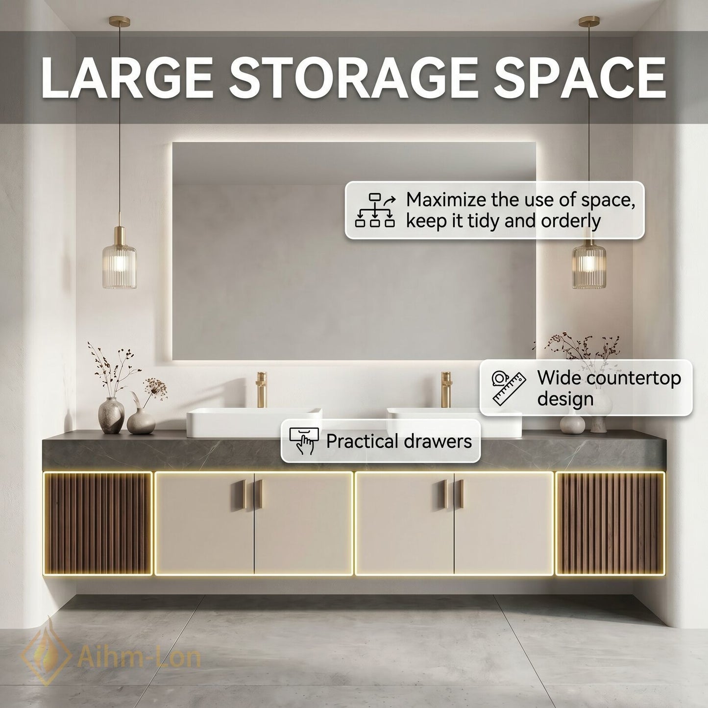 60''-96'' Double Bathroom Vanity with Sink Grey Modern Stone-Top Slatted Wood Panels