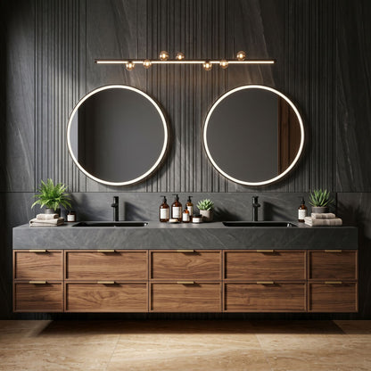 70''-96'' Floating Bathroom Vanity with Sink Double Circular Mirrors Warm Wood Grain Cabinet