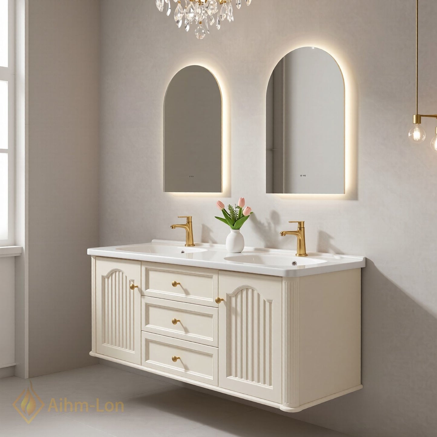 60''-96'' Modern Bathroom Vanity with Sink Floating Cream Arch-Topped Mirrors Drawers Storage