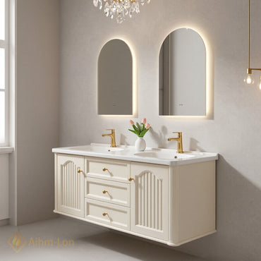 60''-96'' Modern Bathroom Vanity with Sink Floating Cream Arch-Topped Mirrors Drawers Storage