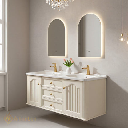 60''-96'' Modern Bathroom Vanity with Sink Floating Cream Arch-Topped Mirrors Drawers Storage