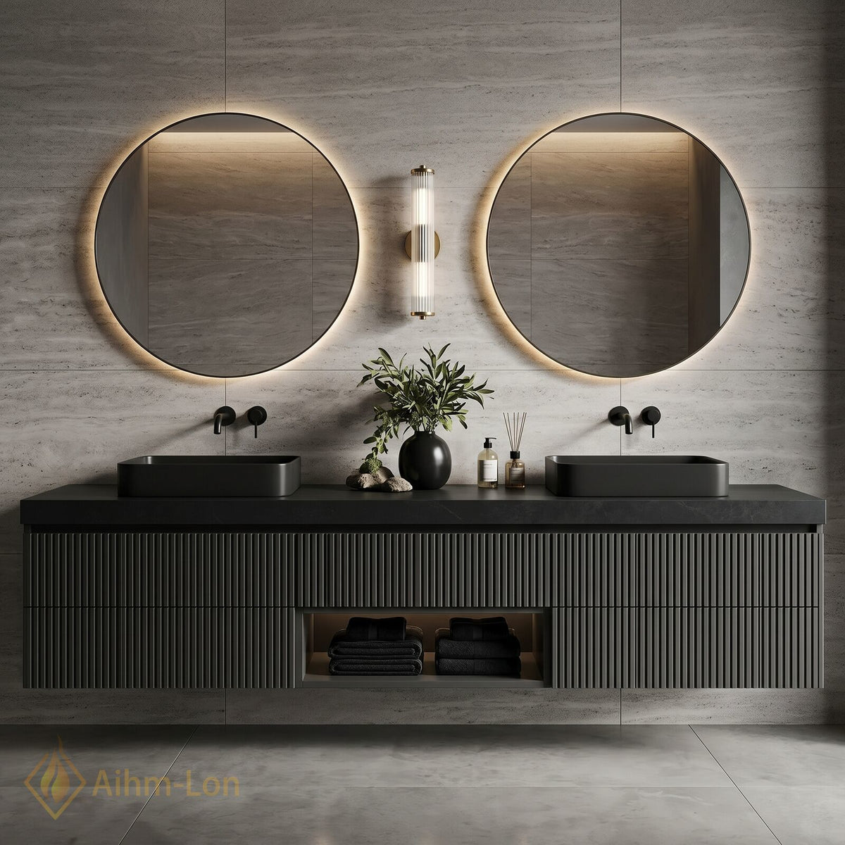 60''-96'' Double Bathroom Vanity with Sink Charcoal Matte Finish Fluted Panels