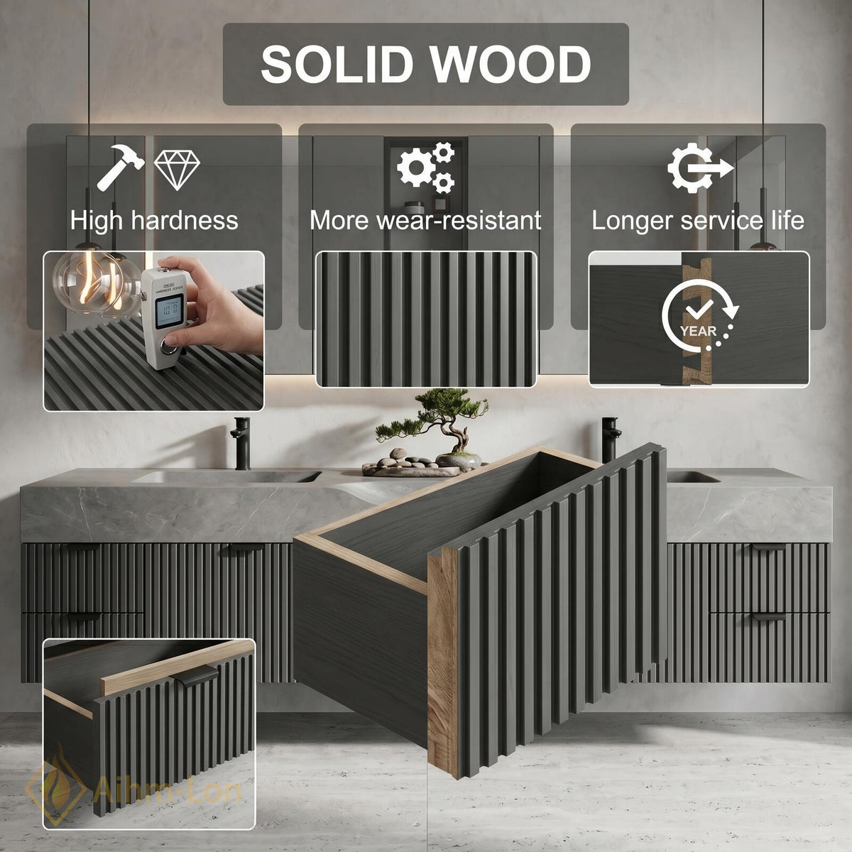 60''-96'' Double Bathroom Vanity with Sink Modern Floating Stone Top Ribbed Front
