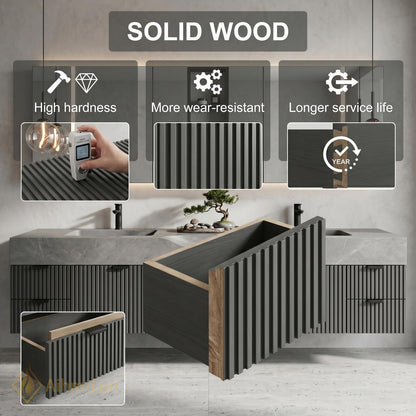 60''-96'' Double Bathroom Vanity with Sink Modern Floating Stone Top Ribbed Front