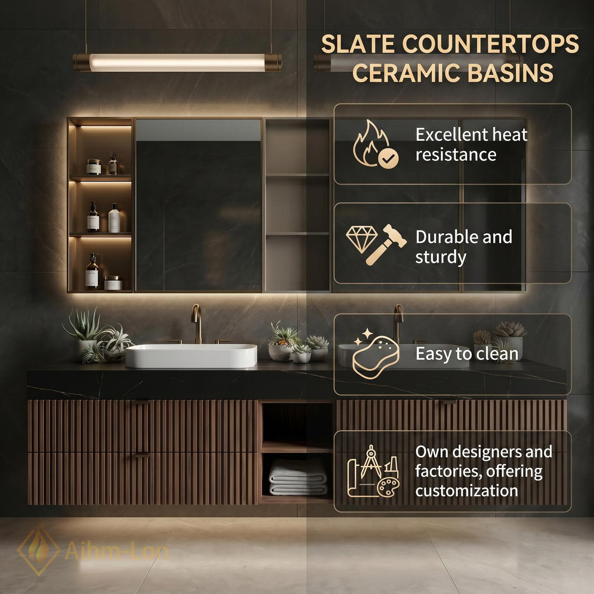 72''-96'' Double Bathroom Vanity with Sink Floating Double Dark Walnut Slatted Doors