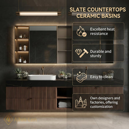 72''-96'' Double Bathroom Vanity with Sink Floating Double Dark Walnut Slatted Doors