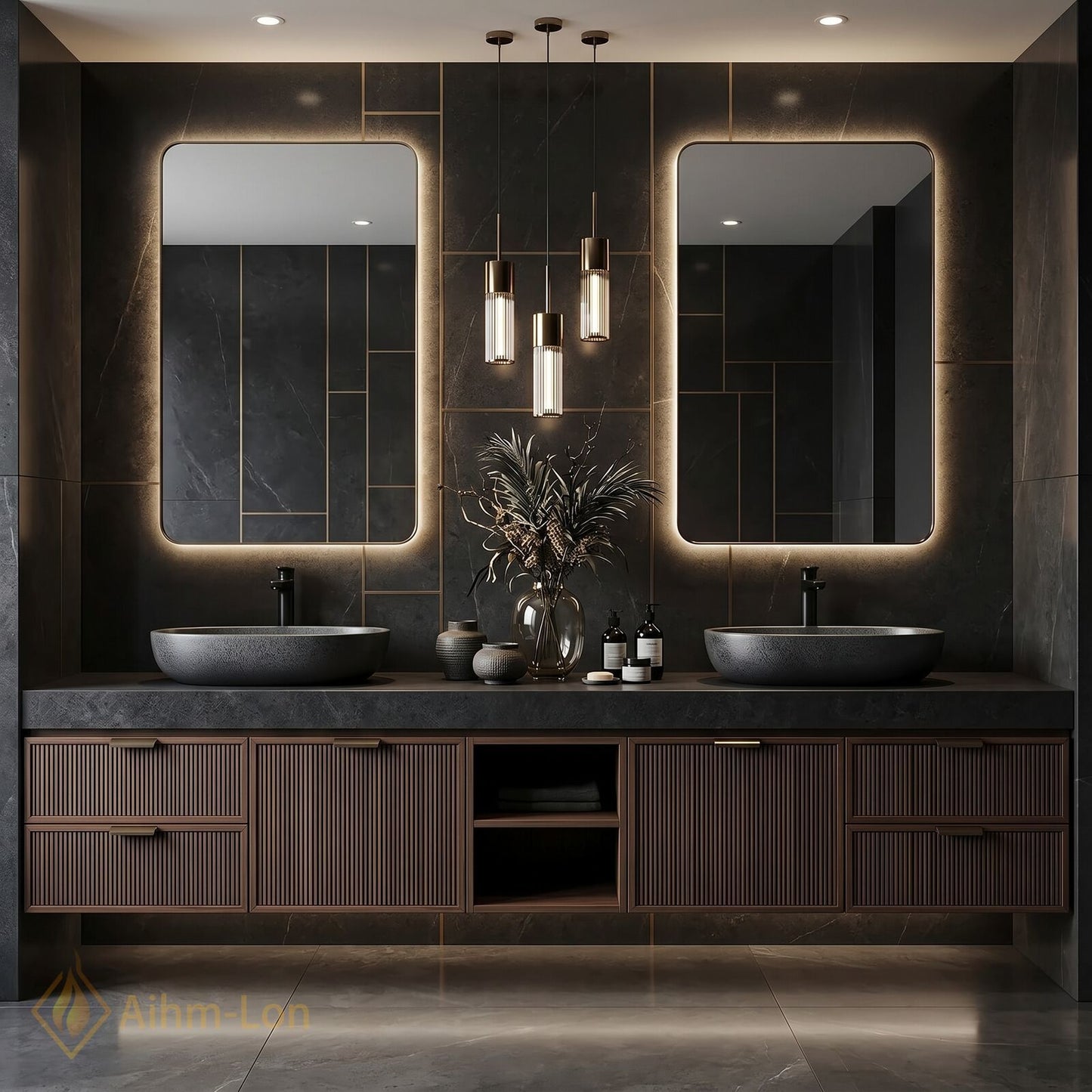 70''-96'' Double Bathroom Vanity with Sink Slatted Wide Solid Surface Top Dark