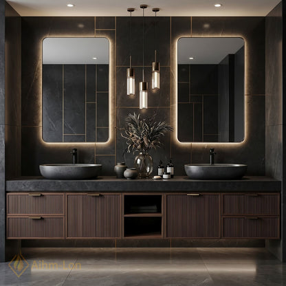 70''-96'' Double Bathroom Vanity with Sink Slatted Wide Solid Surface Top Dark