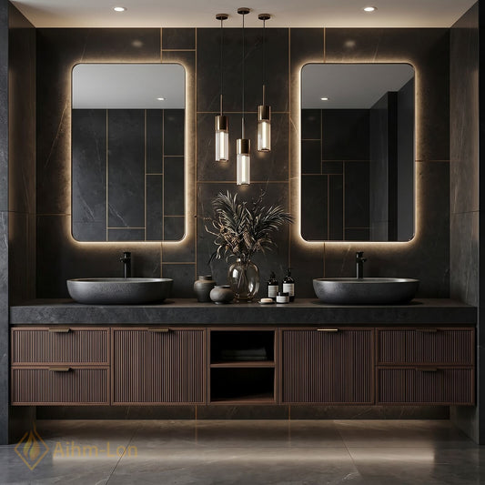 70''-96'' Double Bathroom Vanity with Sink Slatted Wide Solid Surface Top Dark