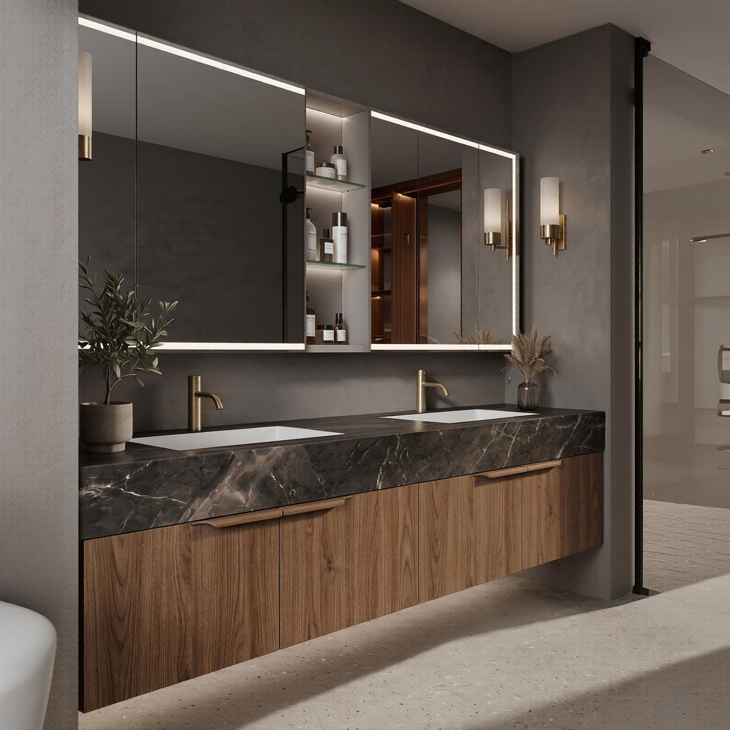 60''-96'' Modern Bathroom Vanity with Sink Floating Dark Stone Dual White Basins Cabinet