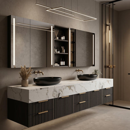 70''-96'' Modern Bathroom Vanity with Sink Double Basin Dark Walnut Slatted Panel