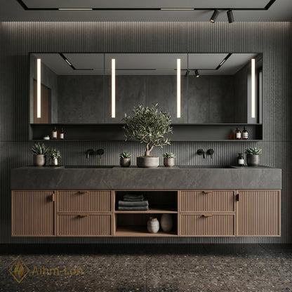 72''-96'' Bathroom Vanity with Sink Floating Vanity Slatted Wood Finish Open Center