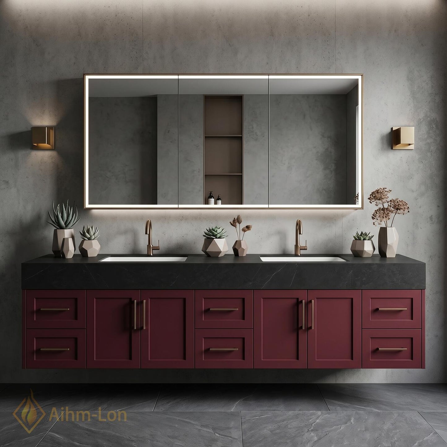 72''-96'' Double Bathroom Vanity with Sink Black Modern Floating Stone-Top Open