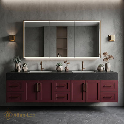 72''-96'' Double Bathroom Vanity with Sink Black Modern Floating Stone-Top Open