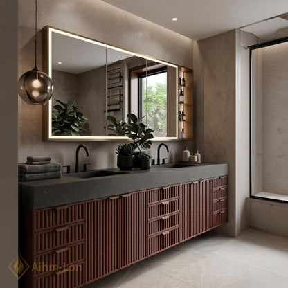 70''-96'' Modern Double Bathroom Vanity with Sink Vertical Slats Dark Finish Cabinet