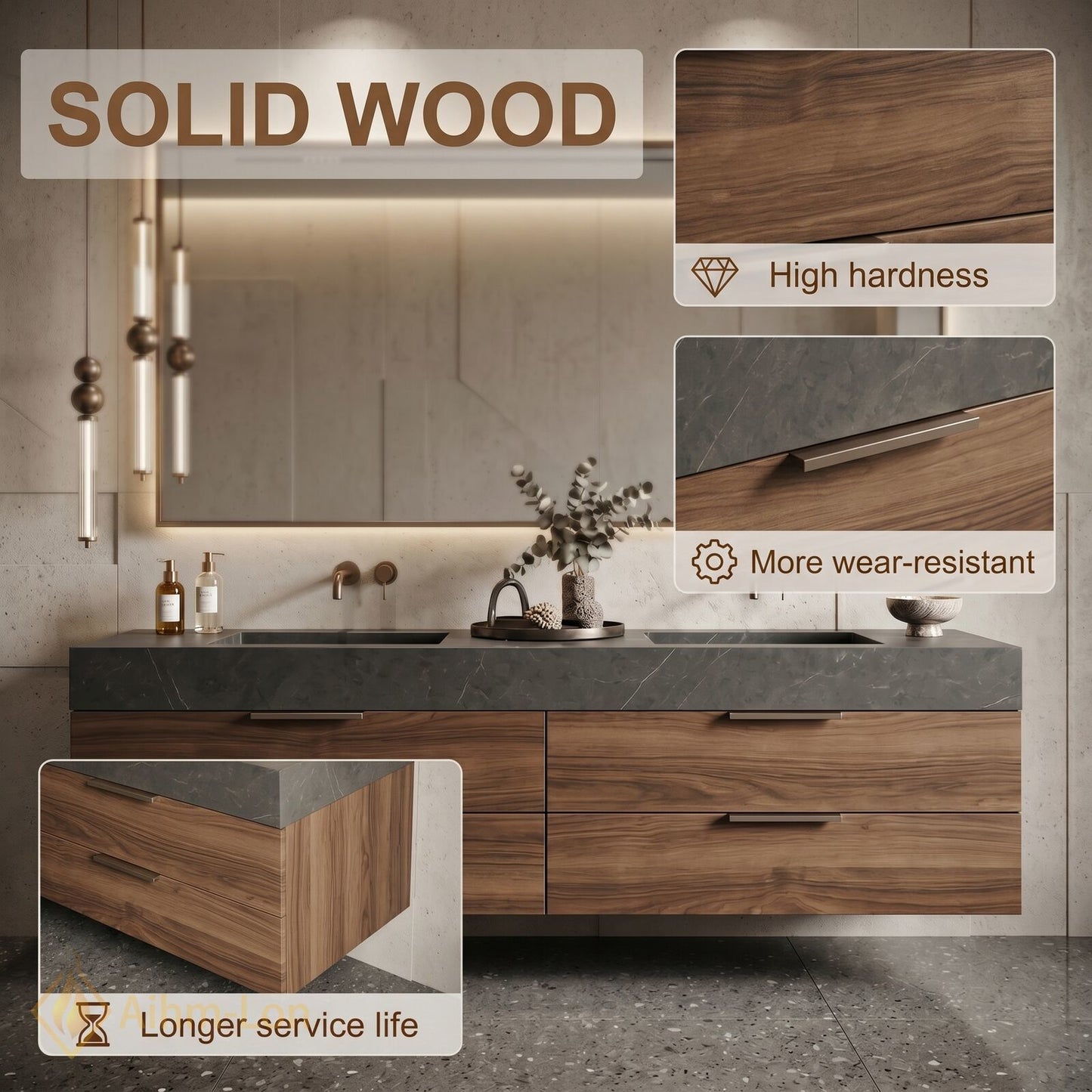 60''-96'' Double Bathroom Vanity with Sink Floating Wall-Mounted Wall-Mount Wood-Grain Finish Illuminated