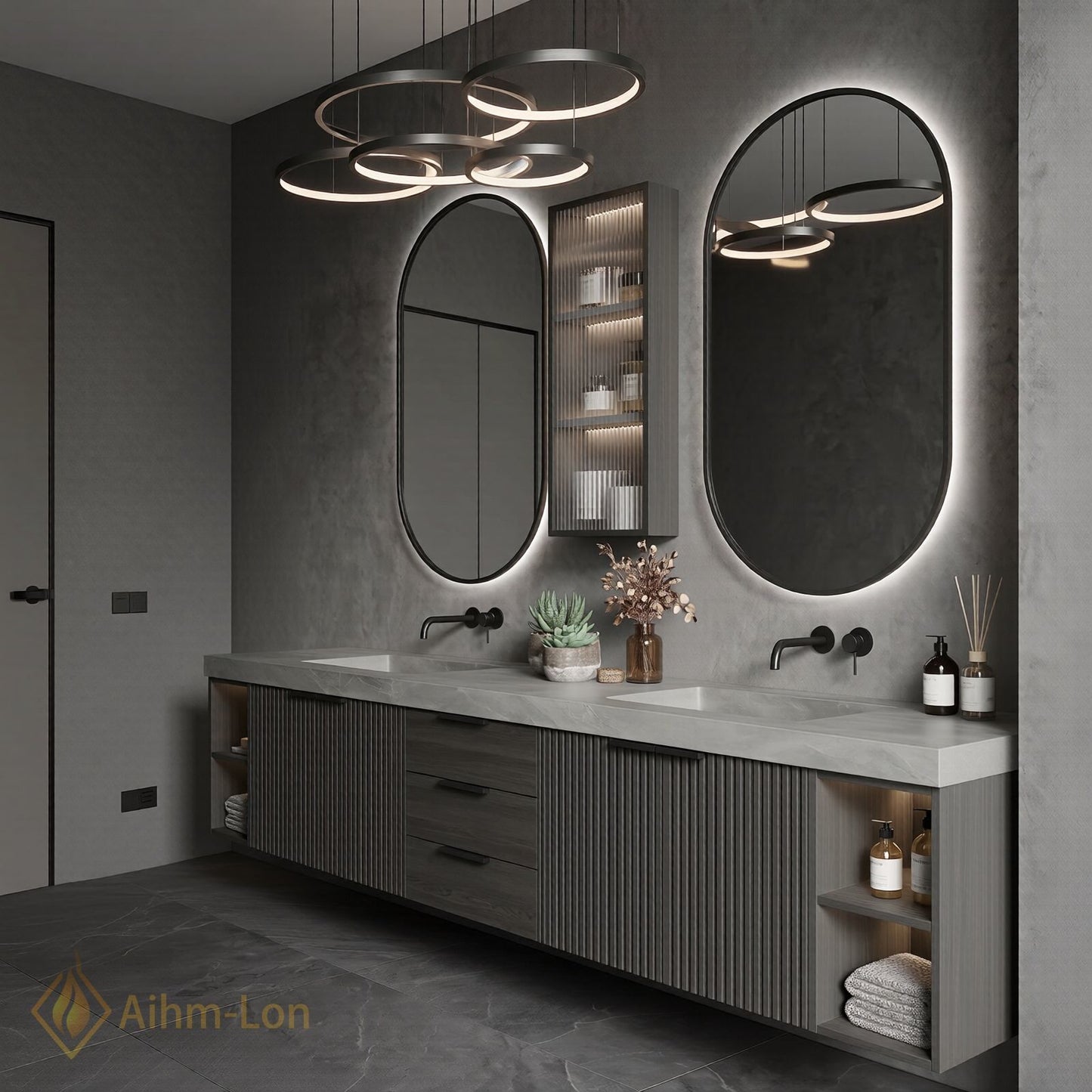 76''-96'' Double Bathroom Vanity with Sink Grey Modern Stone-Top Fluted Dark Panel
