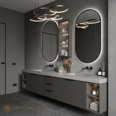 76''-96'' Double Bathroom Vanity with Sink Grey Modern Stone-Top Fluted Dark Panel
