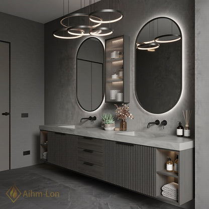 76''-96'' Double Bathroom Vanity with Sink Grey Modern Stone-Top Fluted Dark Panel