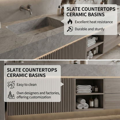 60''-96'' Modern Bathroom Vanity with Sink Textured Slatted Front Wood Grain Cabinet