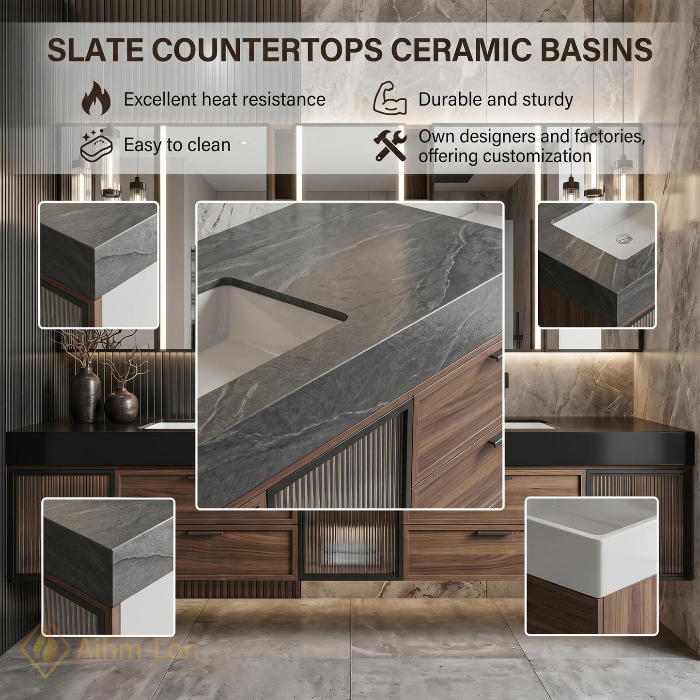 70''-96'' Bathroom Vanity with Sink Modern Floating Dark Walnut Frame Glass-Fronted Storage