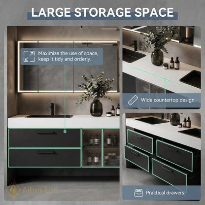60''-96'' Double Bathroom Vanity with Sink Charcoal Modern Floating Fluted Glass Doors
