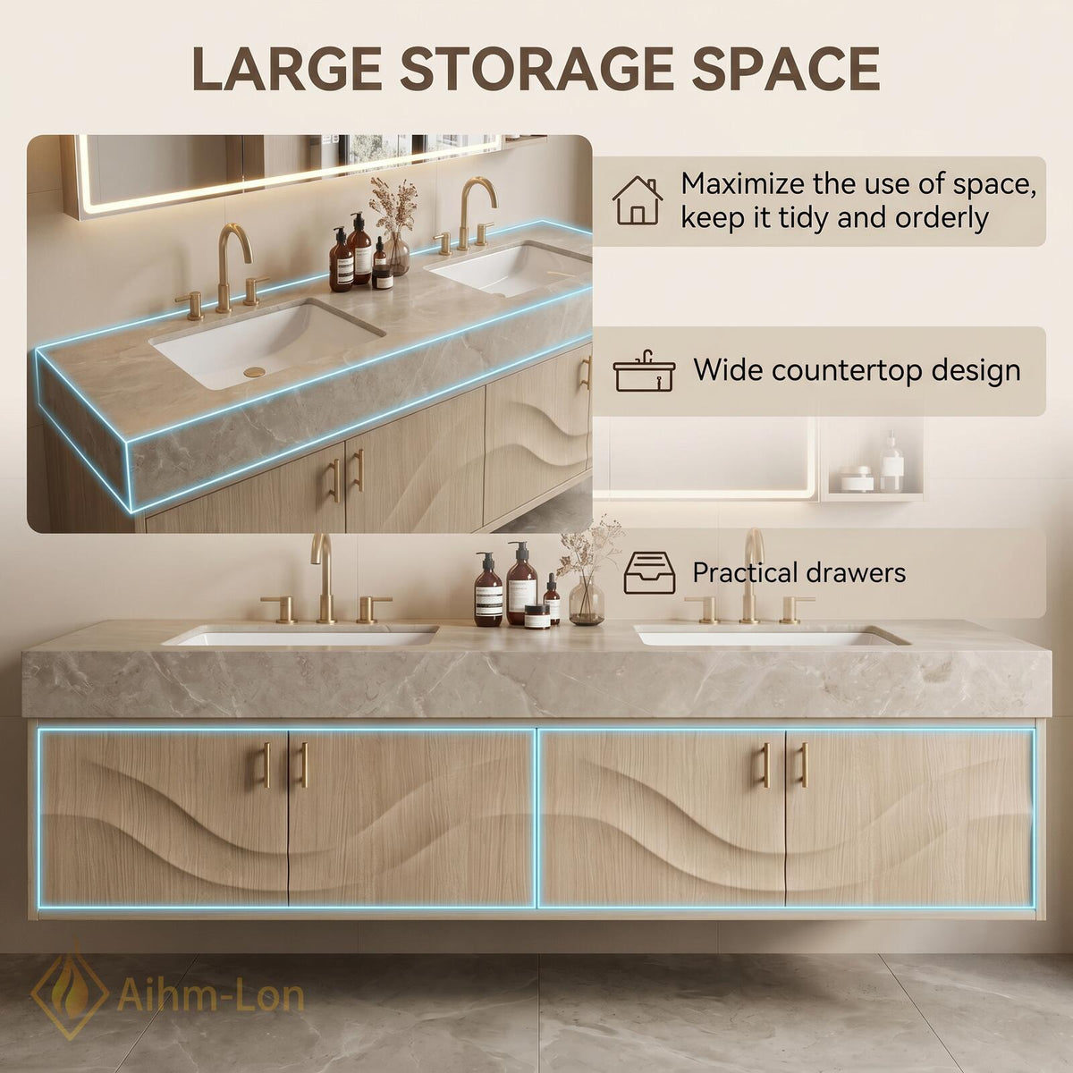 60''-96'' Double Bathroom Vanity with Sink Sculpted Wave Light Wood Grain Spacious