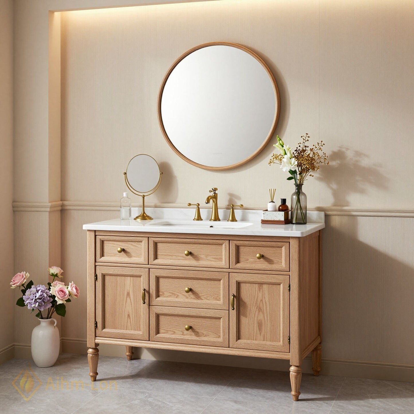 52''-64'' Classic Bathroom Vanity with Sink Oak Wood Turned Leg Open Drawers