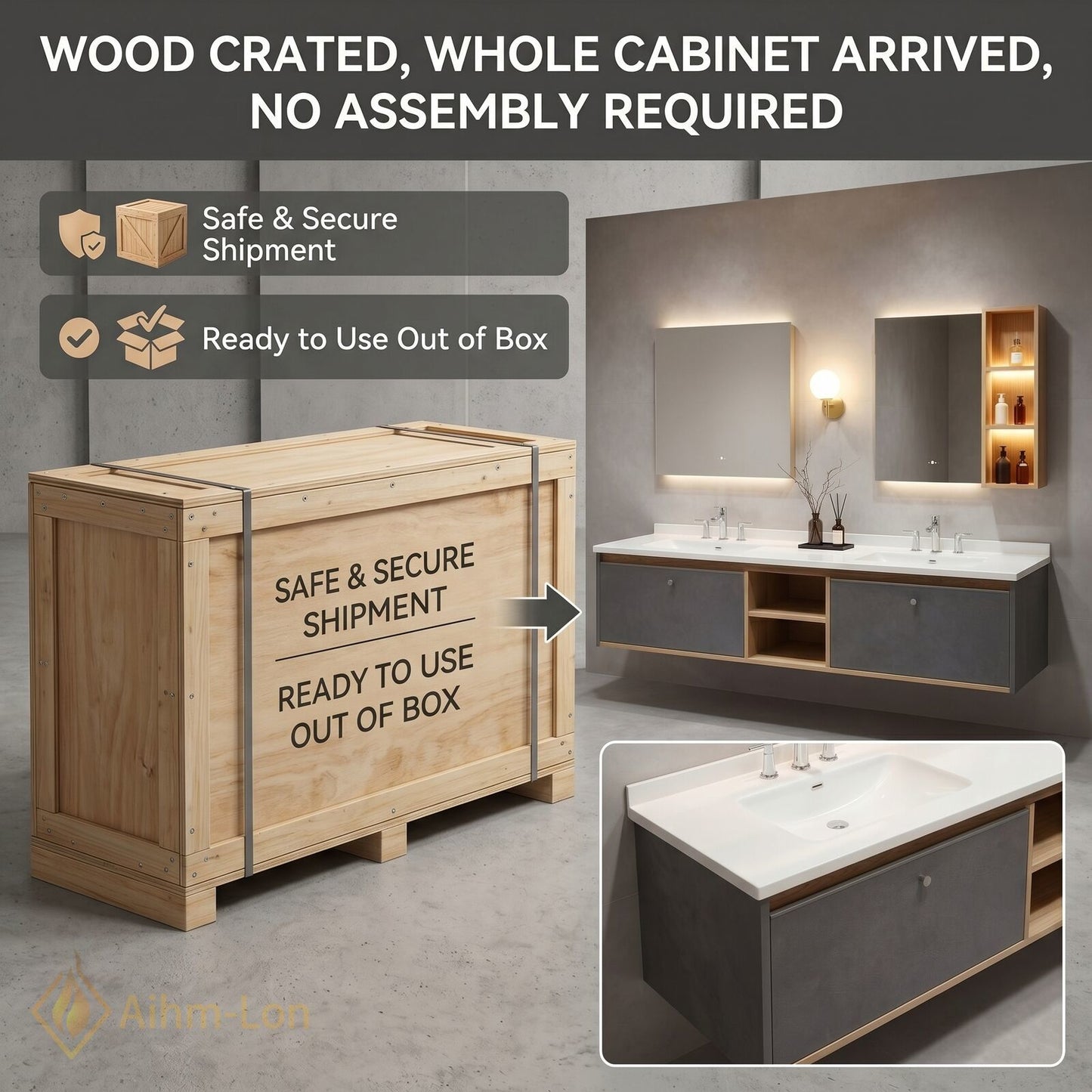 60''-96'' Floating Bathroom Vanity with Sink Grey Cabinet White Countertop Open Shelving