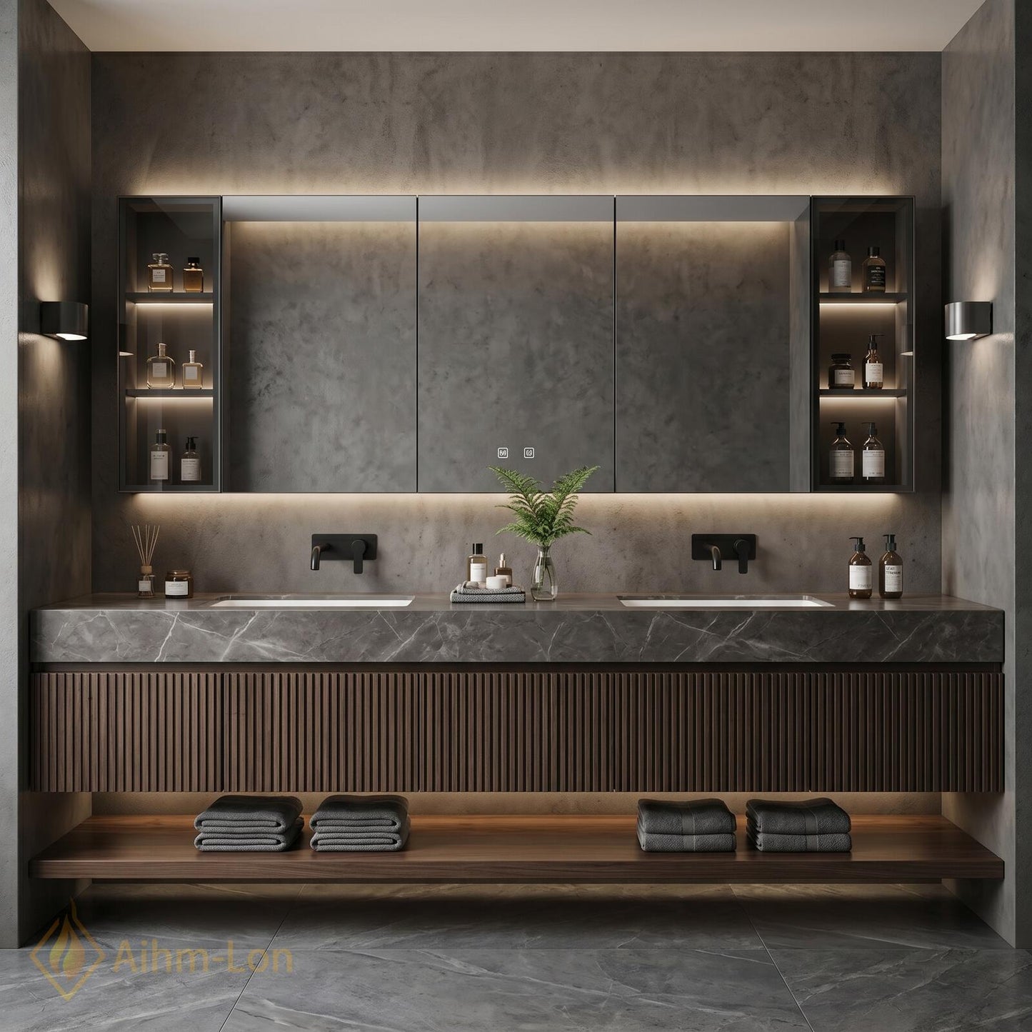 60''-96'' Double Bathroom Vanity with Sink Floating Gray Vein Stone Fluted Panel